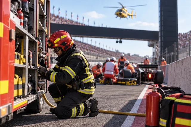 Firefighter next to a fire truck at a racing circuit during an event with spectators