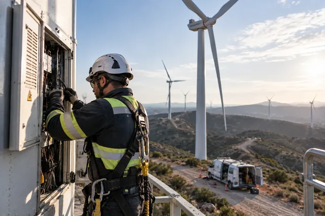 Technician in a harness inspecting an electrical panel next to wind turbines